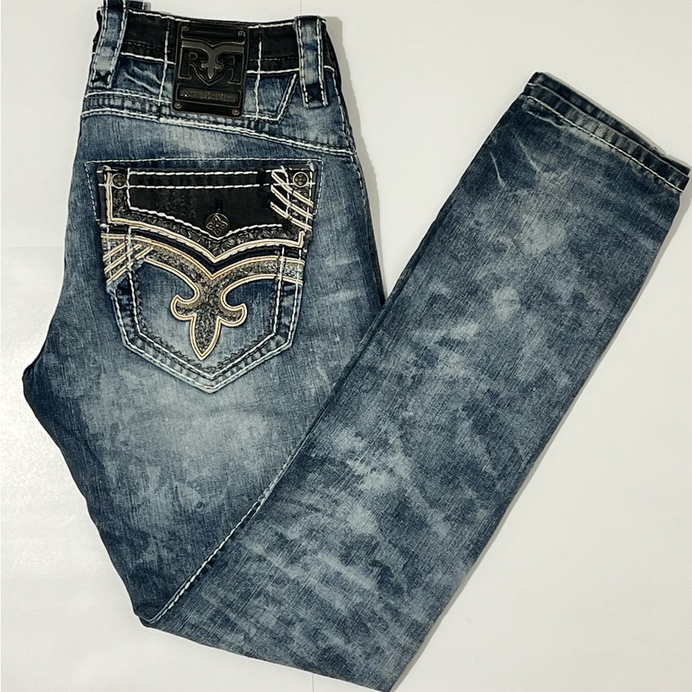 ROCK REVIVAL( Rylance) SZ 33-Rlxd  St 17 (33W×32L) EMBROIDERED  DISTRESSED JEANS